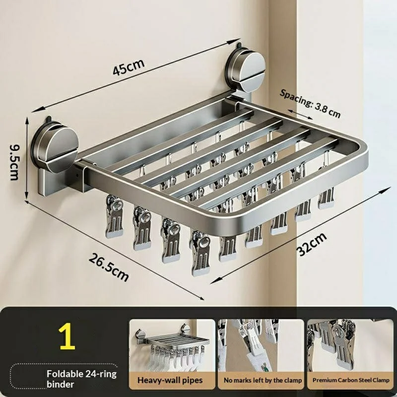 Foldable Suction Cup Sock Drying Rack with 24Pcs Clips Aerospace Aluminum Collapsible Wall Mount Clothes Hanger - Gunmetal Grey