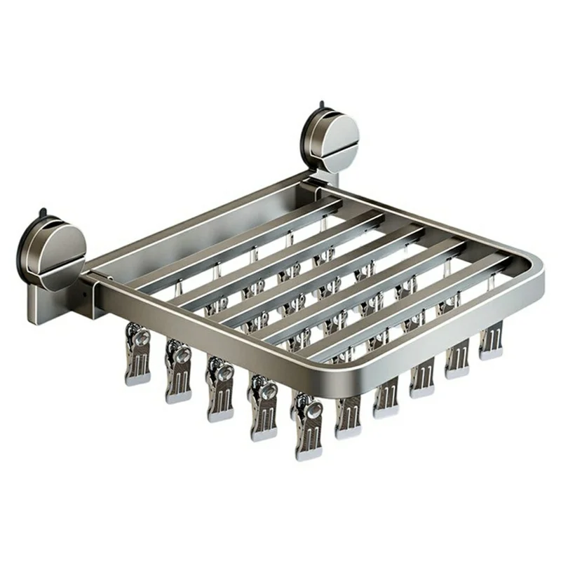 Foldable Suction Cup Sock Drying Rack with 30Pcs Clips Aerospace Aluminum Collapsible Wall Mount Clothes Hanger - Gunmetal Grey