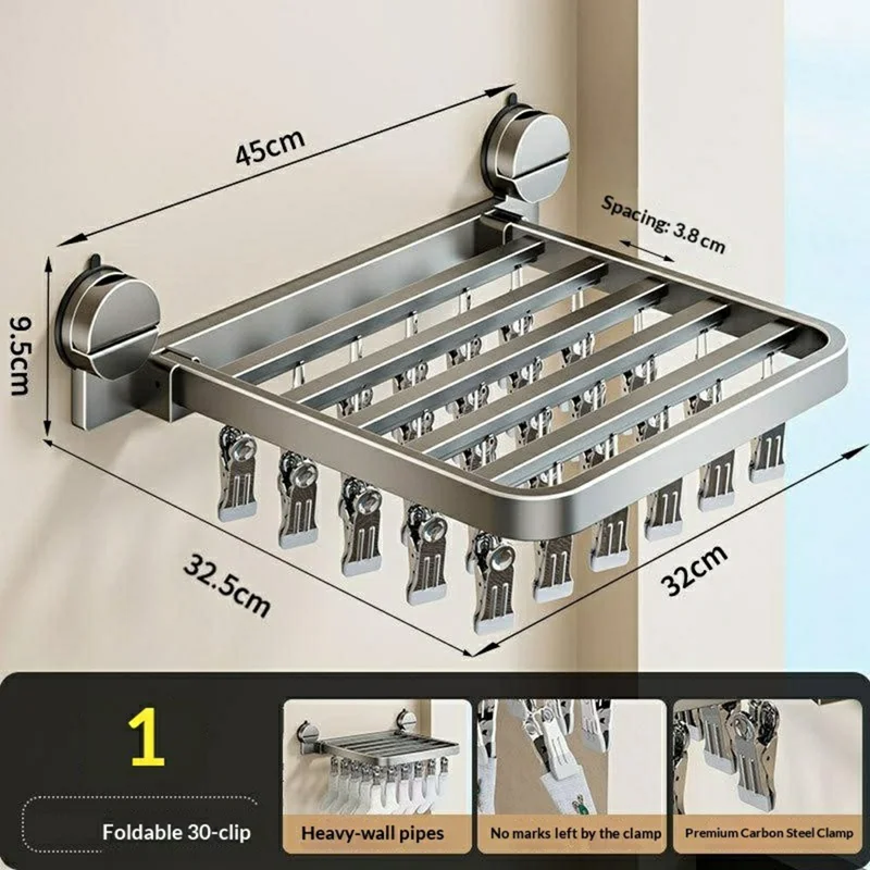 Foldable Suction Cup Sock Drying Rack with 30Pcs Clips Aerospace Aluminum Collapsible Wall Mount Clothes Hanger - Gunmetal Grey