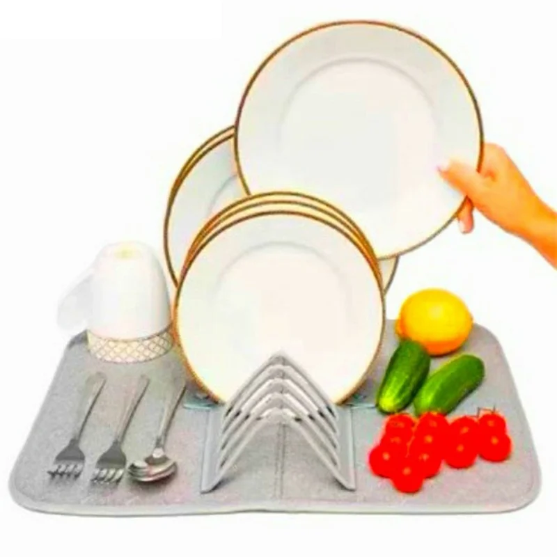 Kitchen Foldable Drying Rack Mat Absorbent Counter Draining Pad with Detachable Plastic Rack for Dishes - Grey