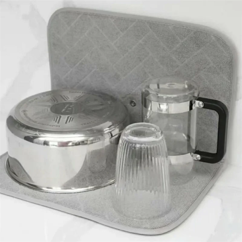 Kitchen Foldable Drying Rack Mat Absorbent Counter Draining Pad with Detachable Plastic Rack for Dishes - Grey