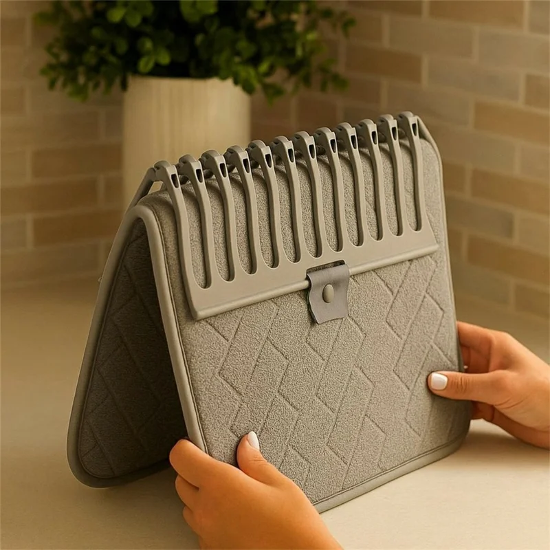 Kitchen Foldable Drying Rack Mat Absorbent Counter Draining Pad with Detachable Plastic Rack for Dishes - Grey