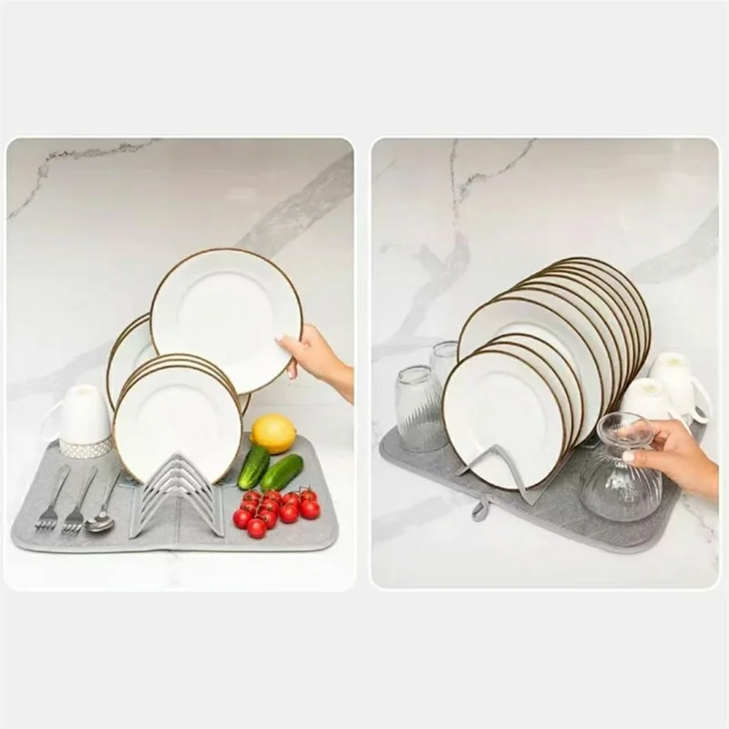 Kitchen Foldable Drying Rack Mat Absorbent Counter Draining Pad with Detachable Plastic Rack for Dishes - Grey