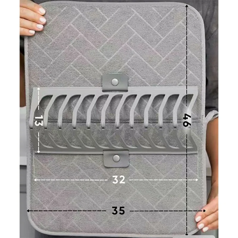 Kitchen Foldable Drying Rack Mat Absorbent Counter Draining Pad with Detachable Plastic Rack for Dishes - Grey