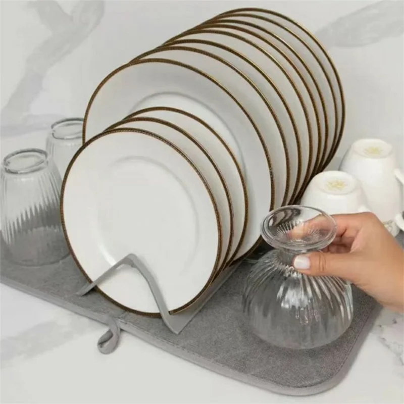 Kitchen Foldable Drying Rack Mat Absorbent Counter Draining Pad with Detachable Plastic Rack for Dishes - Grey