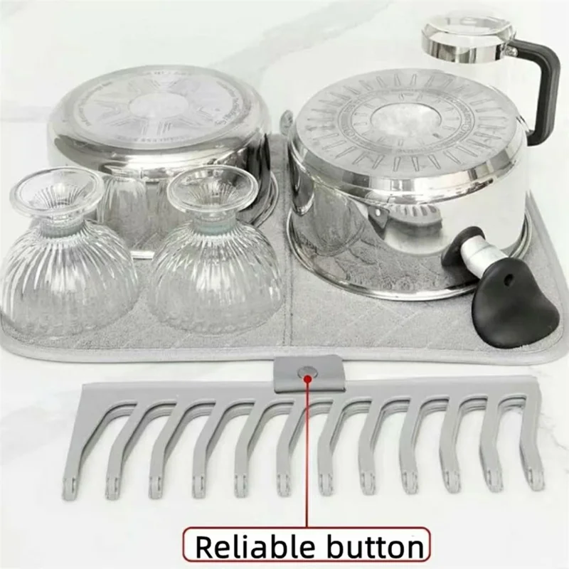 Kitchen Foldable Drying Rack Mat Absorbent Counter Draining Pad with Detachable Plastic Rack for Dishes - Grey
