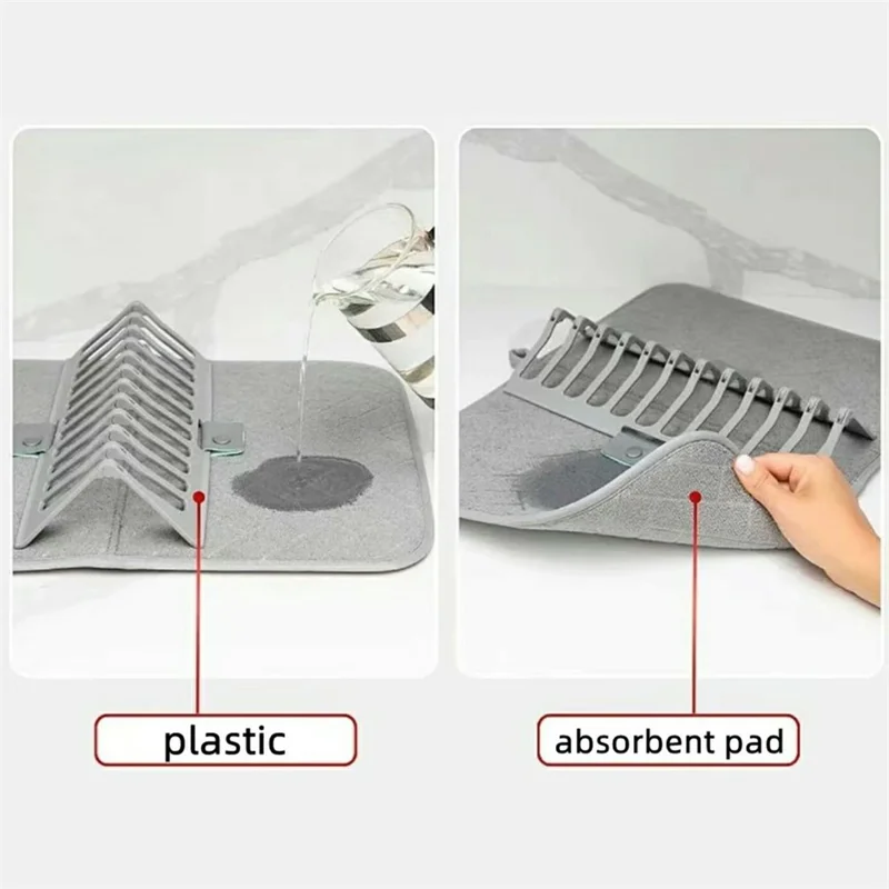 Kitchen Foldable Drying Rack Mat Absorbent Counter Draining Pad with Detachable Plastic Rack for Dishes - Grey