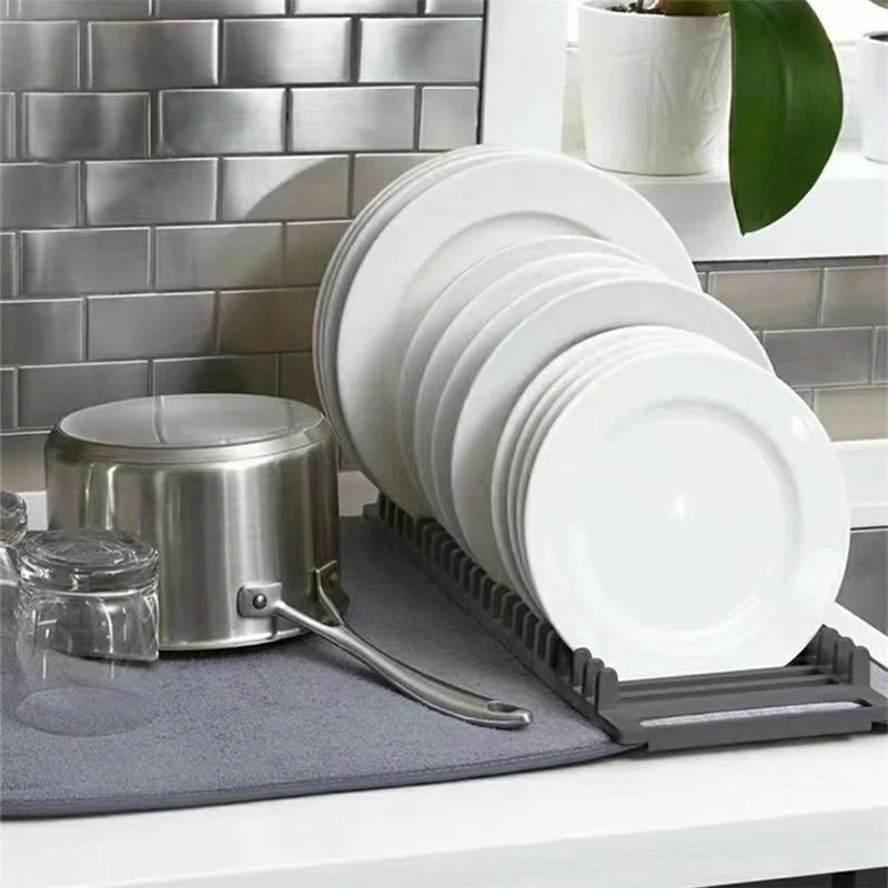 Kitchen Foldable Drying Rack Mat Absorbent Counter Draining Pad with Detachable Plastic Rack for Dishes - Grey
