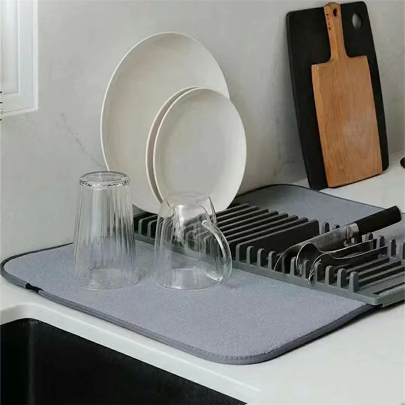 Kitchen Foldable Drying Rack Mat Absorbent Counter Draining Pad with Detachable Plastic Rack for Dishes - Grey