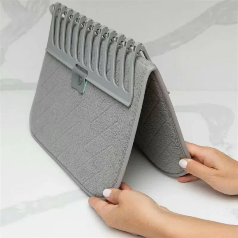 Kitchen Foldable Drying Rack Mat Absorbent Counter Draining Pad with Detachable Plastic Rack for Dishes - Grey