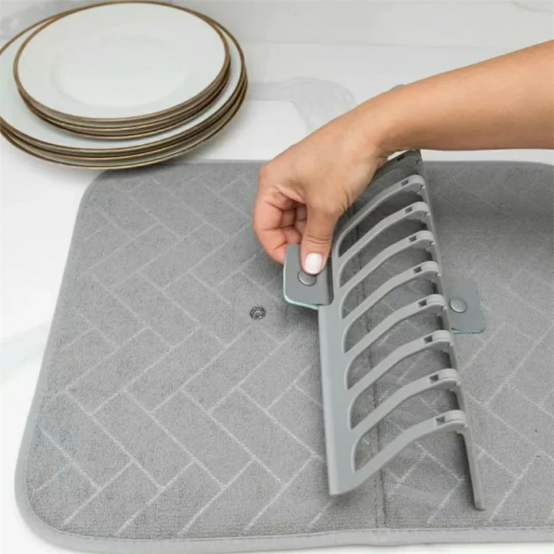 Kitchen Foldable Drying Rack Mat Absorbent Counter Draining Pad with Detachable Plastic Rack for Dishes - Grey