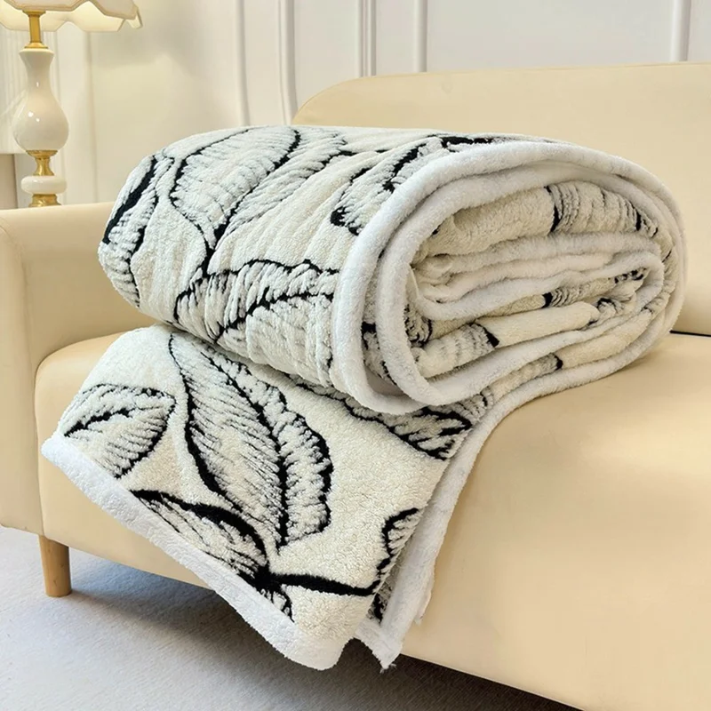 150x200cm Taff Fleece Blanket Double-Sided Leaf Jacquard Soft Warm Throw Blanket for Bed Sofa Couch - White