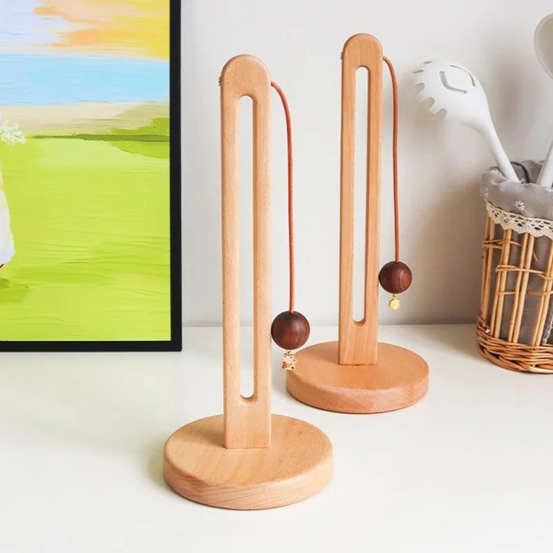 12.5x29cm Beech Wood Paper Towel Holder Desktop U-Shape Kitchen Roll Holder Stand Cling Film Storage Rack - Rabbit Pendant