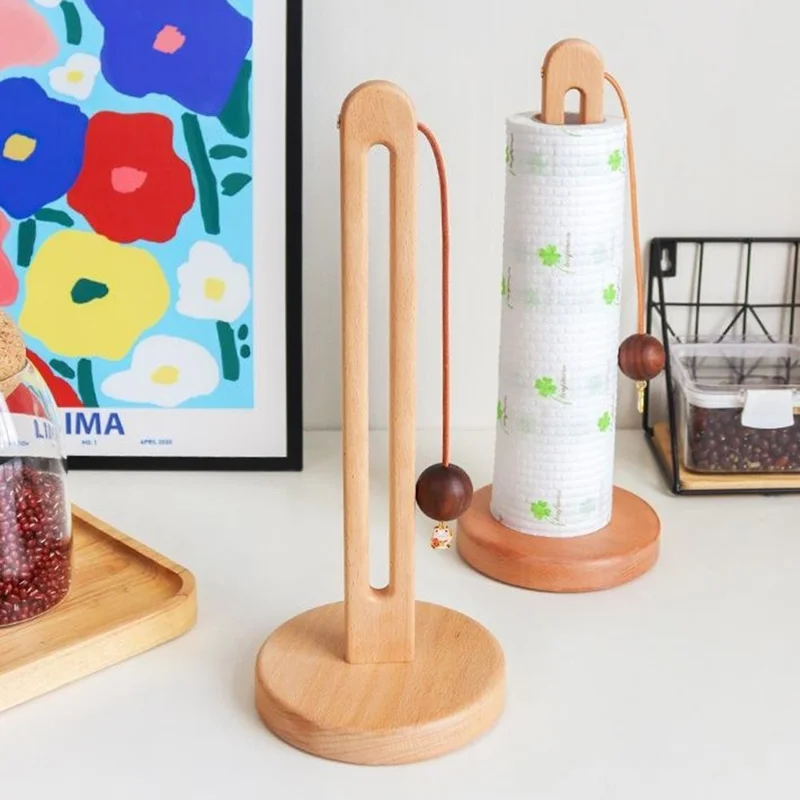 12.5x29cm Beech Wood Paper Towel Holder Desktop U-Shape Kitchen Roll Holder Stand Cling Film Storage Rack - Rabbit Pendant