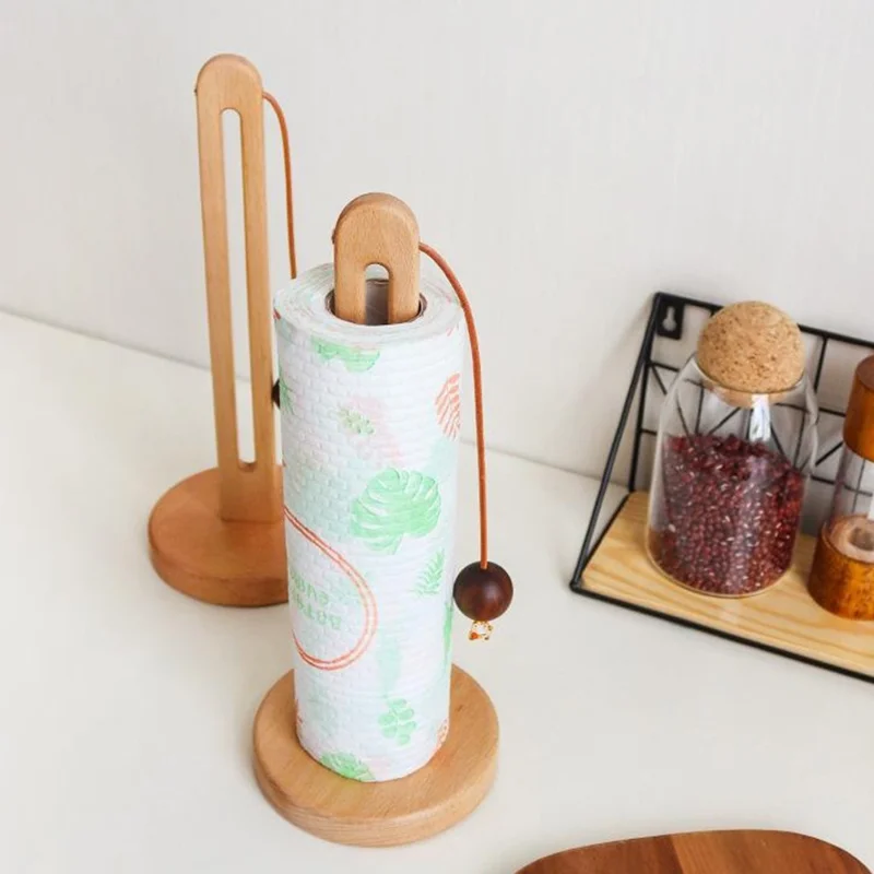 12.5x29cm Beech Wood Paper Towel Holder Desktop U-Shape Kitchen Roll Holder Stand Cling Film Storage Rack - Rabbit Pendant