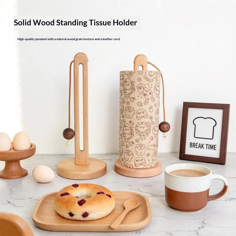 12.5x29cm Beech Wood Paper Towel Holder Desktop U-Shape Kitchen Roll Holder Stand Cling Film Storage Rack - Rabbit Pendant
