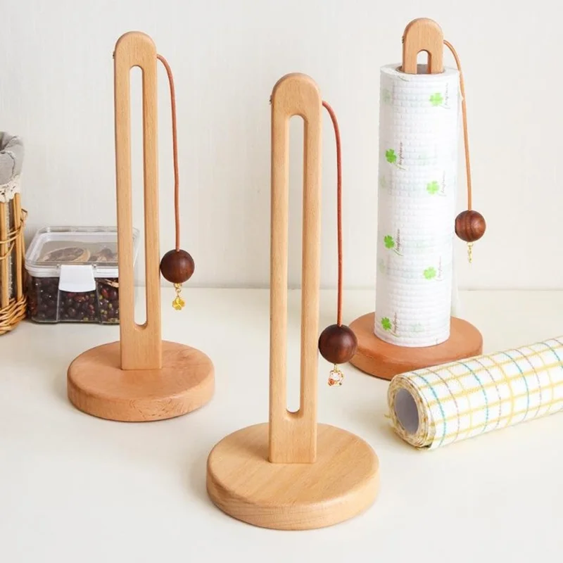 12.5x29cm Beech Wood Paper Towel Holder Desktop U-Shape Kitchen Roll Holder Stand Cling Film Storage Rack - Rabbit Pendant