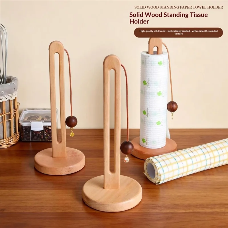 12.5x29cm Beech Wood Paper Towel Holder Desktop U-Shape Kitchen Roll Holder Stand Cling Film Storage Rack - Rabbit Pendant