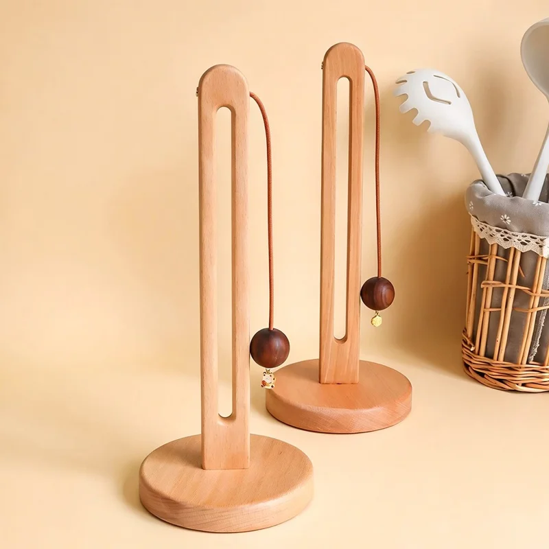 12.5x29cm Beech Wood Paper Towel Holder Desktop U-Shape Kitchen Roll Holder Stand Cling Film Storage Rack - Rabbit Pendant