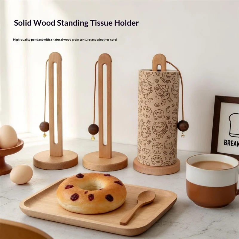12.5x29cm Beech Wood Paper Towel Holder Desktop U-Shape Kitchen Roll Holder Stand Cling Film Storage Rack - Rabbit Pendant