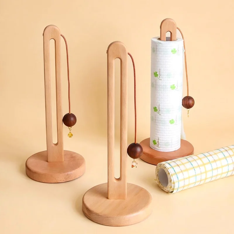 12.5x29cm Beech Wood Paper Towel Holder Desktop U-Shape Kitchen Roll Holder Stand Cling Film Storage Rack - Rabbit Pendant