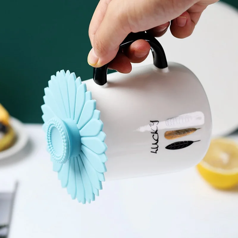 10.4cm Sunflower Shape Silicone Cup Lid Reusable Dustproof Cover for Mugs Coffee Cups - Blue