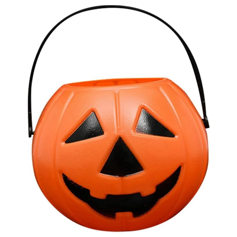 Secchio di Halloween a forma di zucca da 11x11x8,5 cm, secchiello di plastica arancione con manico, zucca intagliata per dolcetto o scherzetto