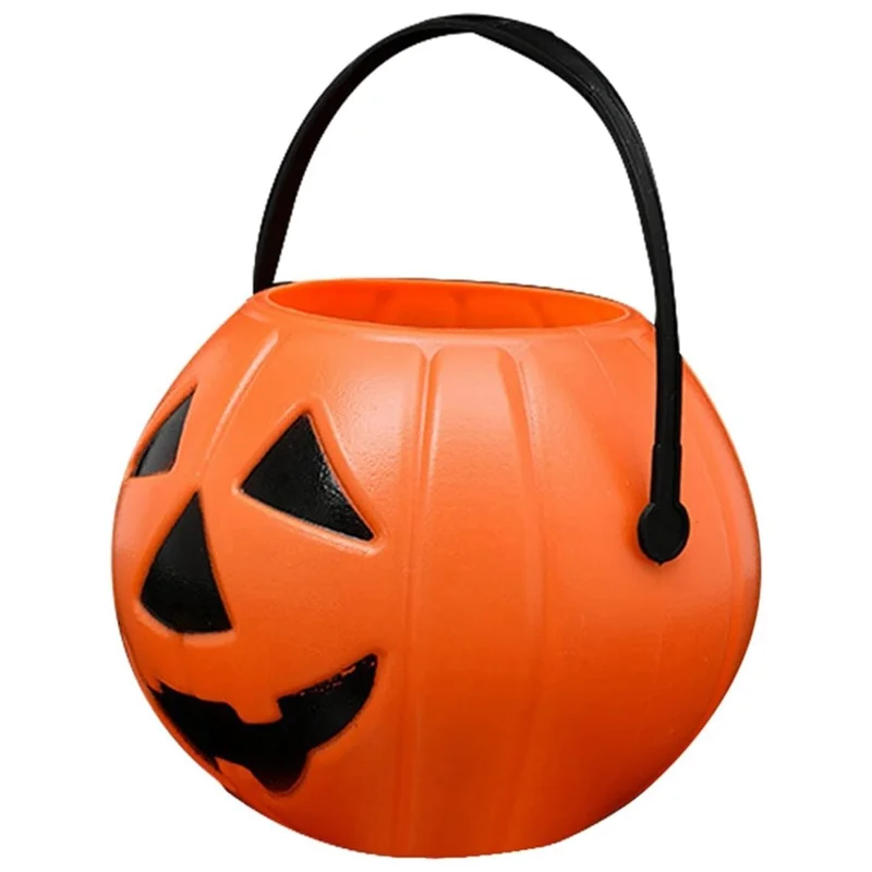Secchio di Halloween a forma di zucca da 11x11x8,5 cm, secchiello di plastica arancione con manico, zucca intagliata per dolcetto o scherzetto