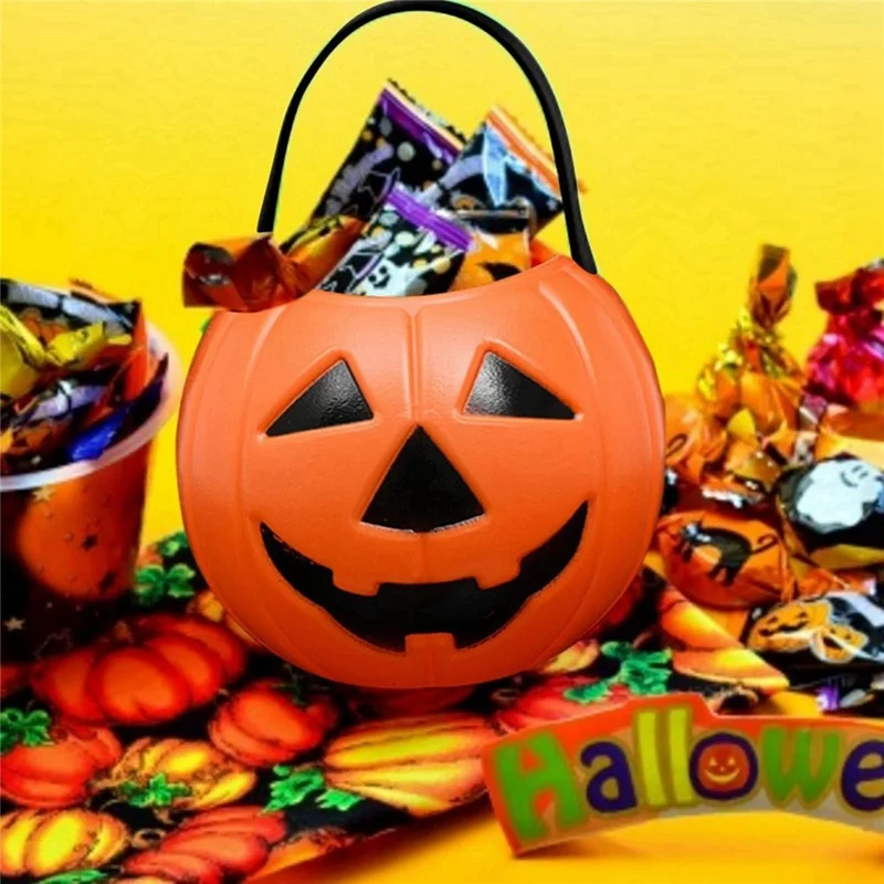 Secchio di Halloween a forma di zucca da 11x11x8,5 cm, secchiello di plastica arancione con manico, zucca intagliata per dolcetto o scherzetto