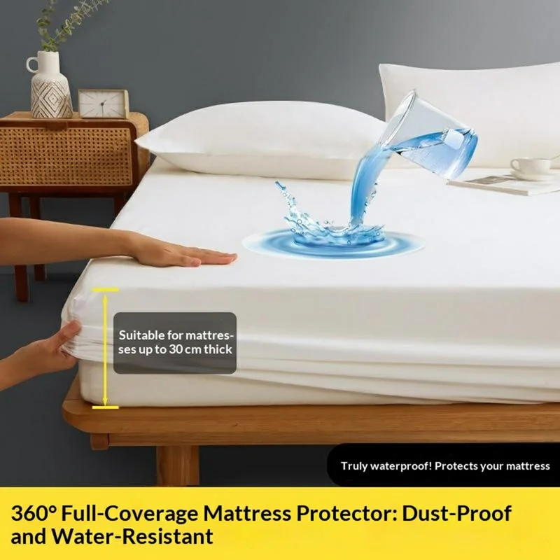 Housse de protection de matelas imperméable 160x200 cm, housse ajustée en coton lavé avec protection complète à 360 degrés - Blanc