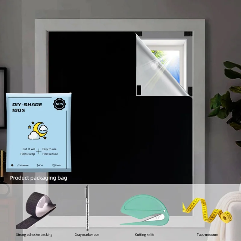 1,45 x 1 m Rideaux occultants sans perçage avec ruban magique en tissu Oxford 420D, occultation totale personnalisable, pare-soleil pour fenêtre - Noir / Argent