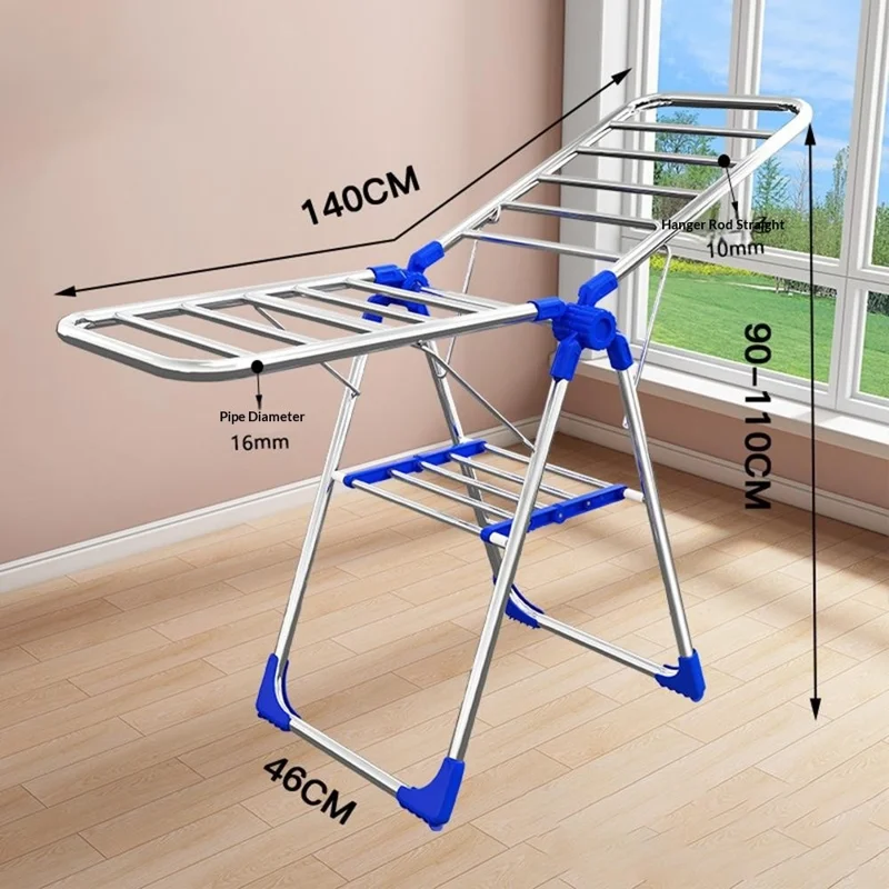 Séchoir pliable en acier inoxydable avec connecteur en plastique, 140 cm de long, usage intérieur extérieur, 18 tringles double couche