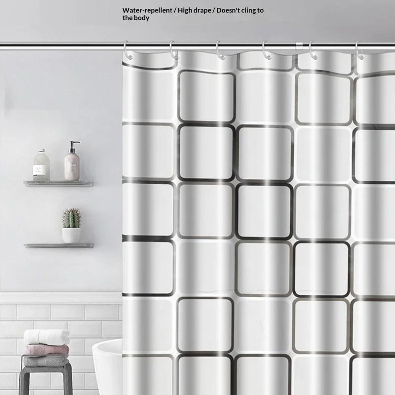 180x200cm Cortina de Banho PEVA Impermeável Resistente ao Mofo com 10 Ganchos - Xadrez