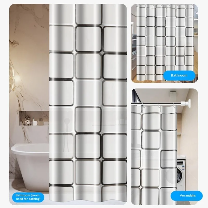 180x200cm Cortina de Banho PEVA Impermeável Resistente ao Mofo com 10 Ganchos - Xadrez