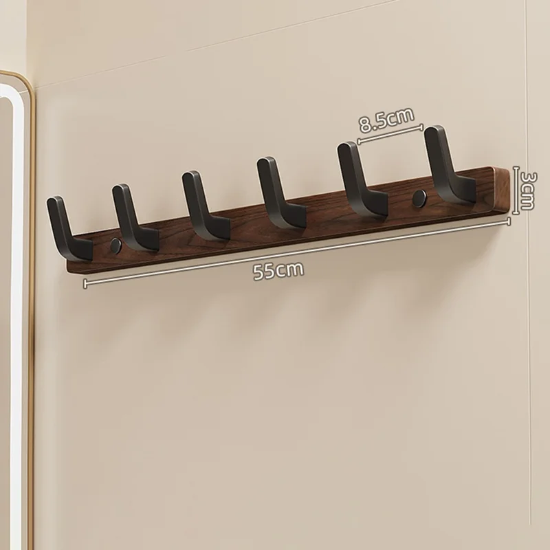 Rangée de 6 crochets en bois massif naturel et aluminium spatial, fixation murale sans perçage, pour salle de bain ou entrée - Bois de noyer + noir
