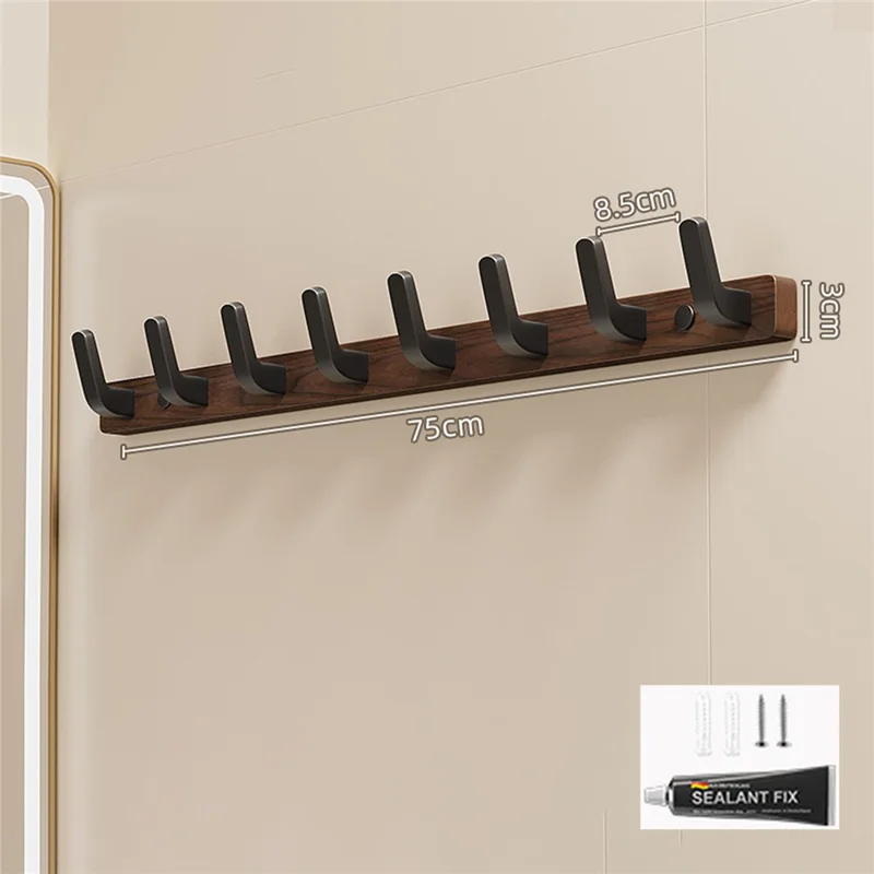 Porte-manteau mural 8 crochets en bois d'érable et aluminium spatial, installation sans perçage pour salle de bain ou entrée - Bois de noyer + noir