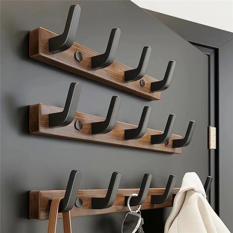 Porte-manteau mural 8 crochets en bois d'érable et aluminium spatial, installation sans perçage pour salle de bain ou entrée - Bois de noyer + noir