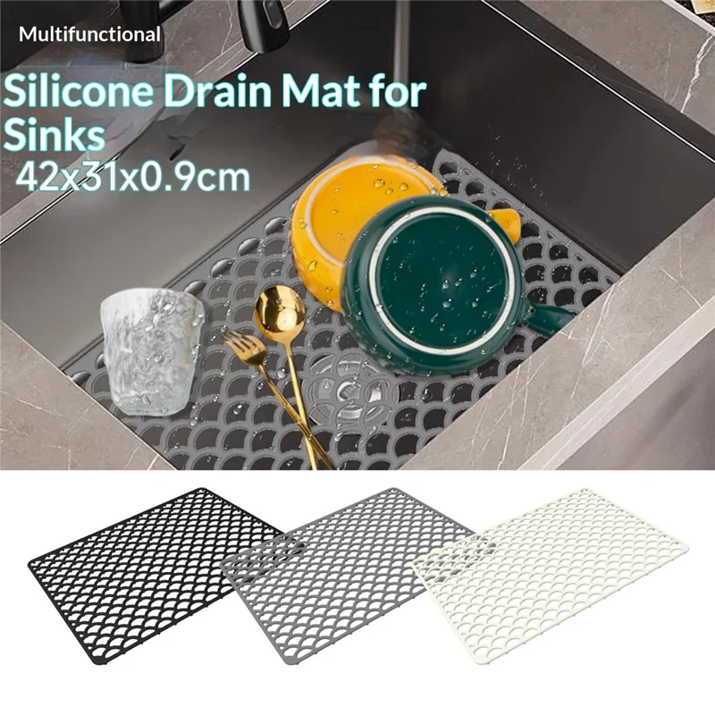 Size S 42x31cm Silicone Kitchen Sink Mat Anti-Slip Heat Resistant Hollow Drain Pad (FDA Certified) - Grey