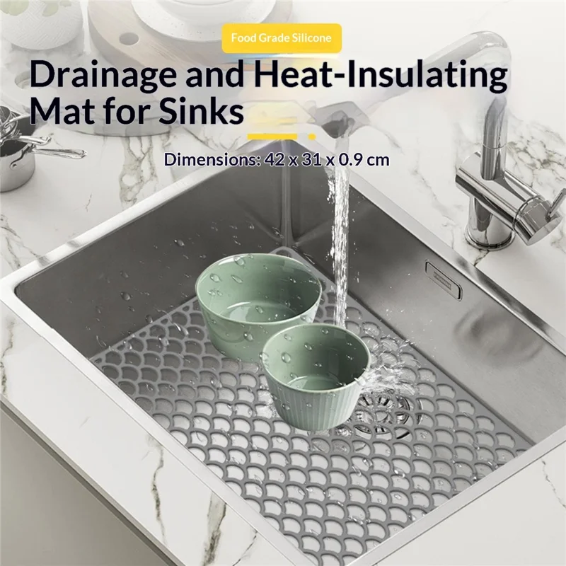 Size S 42x31cm Silicone Kitchen Sink Mat Anti-Slip Heat Resistant Hollow Drain Pad (FDA Certified) - Grey