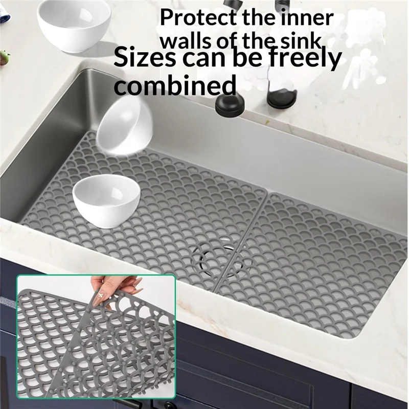 Size S 42x31cm Silicone Kitchen Sink Mat Anti-Slip Heat Resistant Hollow Drain Pad (FDA Certified) - Grey
