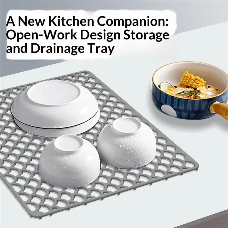 Size S 42x31cm Silicone Kitchen Sink Mat Anti-Slip Heat Resistant Hollow Drain Pad (FDA Certified) - Grey