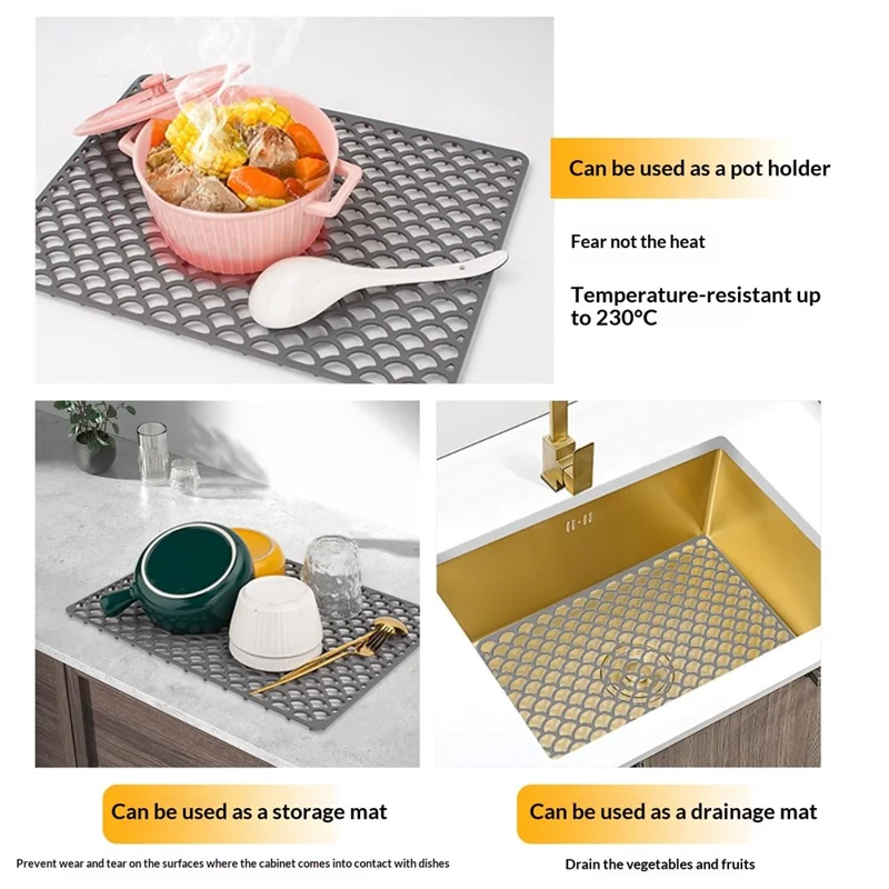 Size S 42x31cm Silicone Kitchen Sink Mat Anti-Slip Heat Resistant Hollow Drain Pad (FDA Certified) - Grey