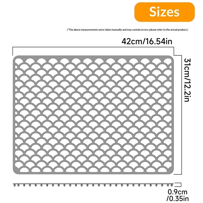 Size S 42x31cm Silicone Kitchen Sink Mat Anti-Slip Heat Resistant Hollow Drain Pad (FDA Certified) - Grey