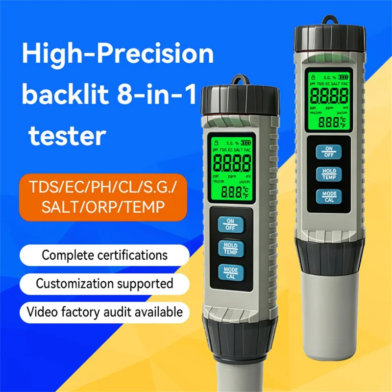 MF-X81 8 en 1 Probador Digital de Calidad del Agua TDS EC pH Cloro Salinidad ORP SG Medidor de Temperatura para Piscina Acuario