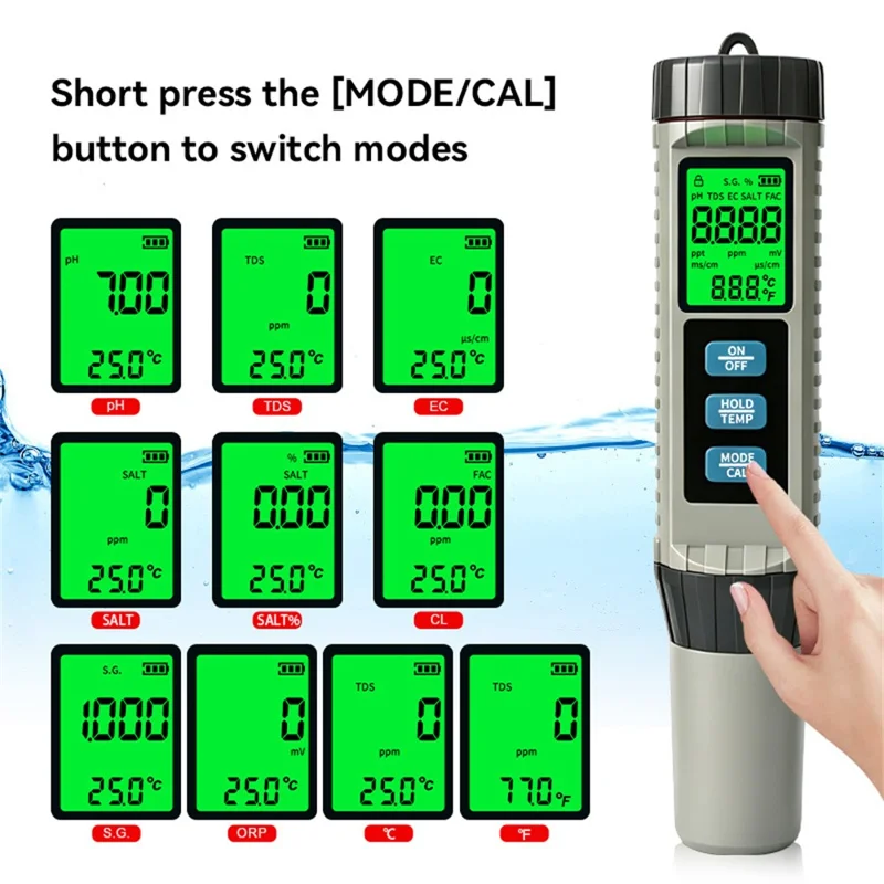 MF-X81 8 en 1 Probador Digital de Calidad del Agua TDS EC pH Cloro Salinidad ORP SG Medidor de Temperatura para Piscina Acuario