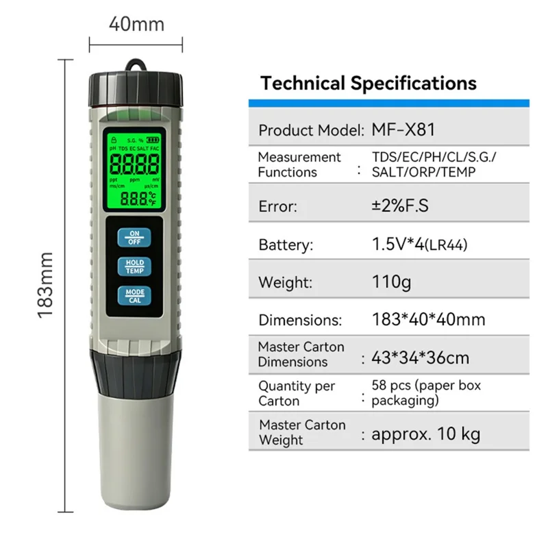 MF-X81 8 en 1 Probador Digital de Calidad del Agua TDS EC pH Cloro Salinidad ORP SG Medidor de Temperatura para Piscina Acuario