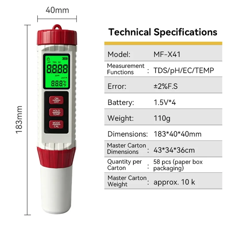 MF-X41 4-в-1 тестер качества воды, измеритель TDS, EC, pH и температуры для бассейнов и аквариумов