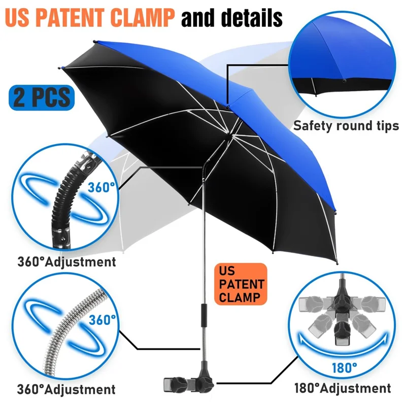 Solid Color Chair Umbrella with Clamp 360 Degree Adjustable UV Protection Outdoor Beach Camping Umbrella - Sapphire
