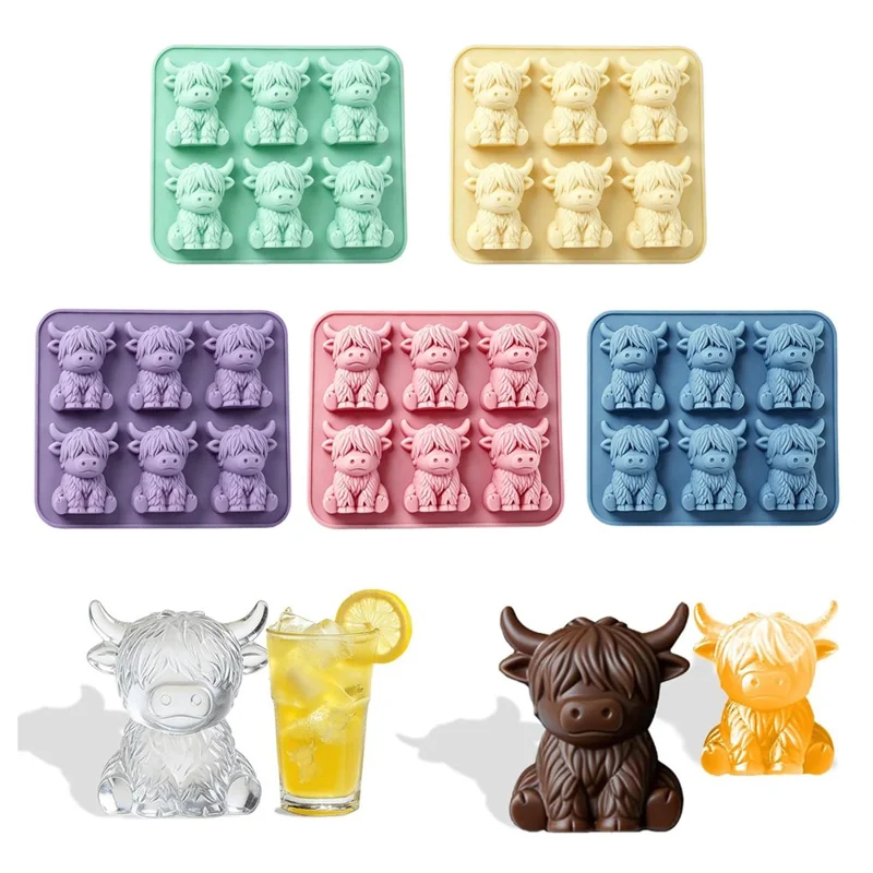 Forma de Gelo de Vaca Highland 6 Células, Molde em Silicone Alimentar 3D para Chocolate, Doces, Geleia (Sem BPA, Sem FDA) - Azul