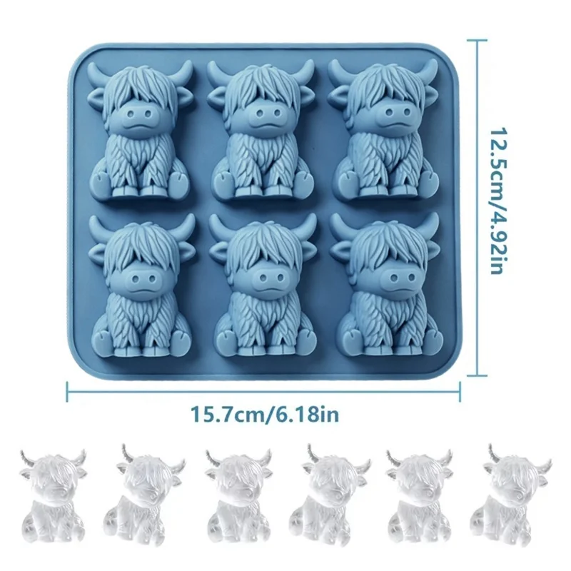 Forma de Gelo de Vaca Highland 6 Células, Molde em Silicone Alimentar 3D para Chocolate, Doces, Geleia (Sem BPA, Sem FDA) - Azul